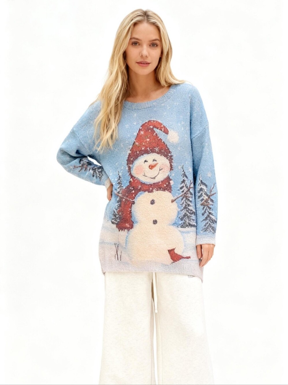 Vintage Snowman Christmas Wool-Cotton Blend Relaxed-Fit Sweater Size M